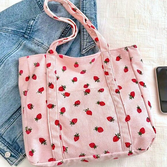 Spacious Pink Corduroy Zipper Tote Bag Strawberries Strawberry Pattern Handbag - Picture 2 of 6